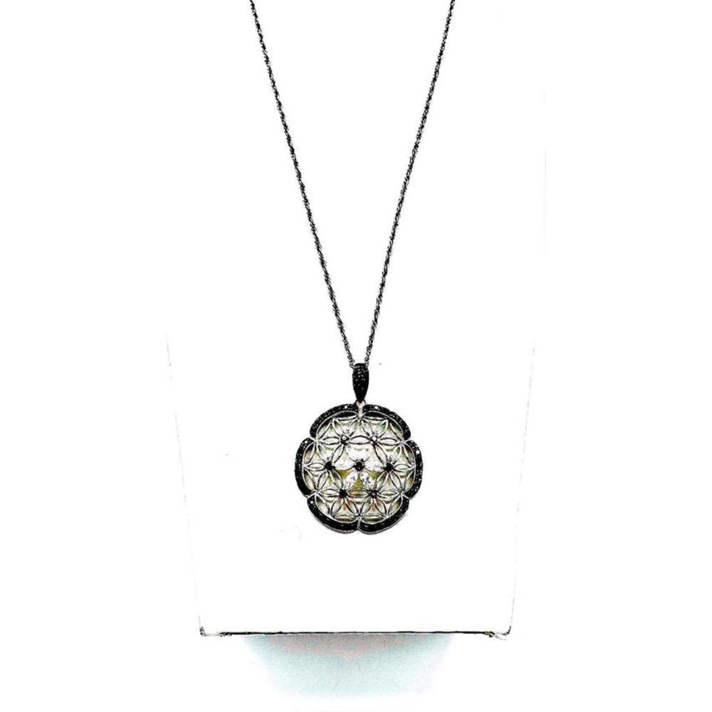 Ross Simons sterling chain w/ornate medallion CZ floral & black spinal pendant